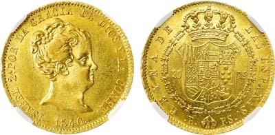 Лот №125,  Испания. Королевство. Королева Изабелла II. 80 реалов 1840 года. B-PS. В слабе NRG AU (оценка сохранности на слабе - MS 61).