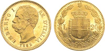 Лот №133,  Италия. Королевство. Король Умберто I. 20 лир 1882 года.