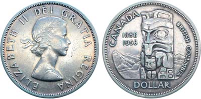 Лот №146,  Канада. 1 доллар 1958 года. 100 лет со дня основания Британской Колумбии.