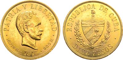 Лот №180,  Куба. 10 песо 1915 года. Хосе Марти.