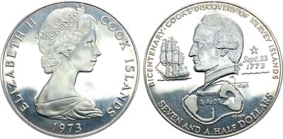 Лот №185,  Острова Кука. 7,5 долларов 1973 года. 200 лет со дня открытия Островов Херви.