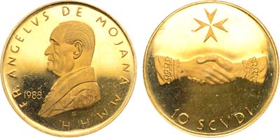 Лот №214,  Мальтийский орден. Магистр Анджело де Мохана. 10 скудо 1988 года.