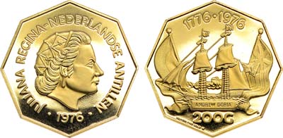 Лот №221,  Нидерландские Антильские острова. Королева Юлиана. 200 гульденов 1976 года. 200 лет Независимости США.