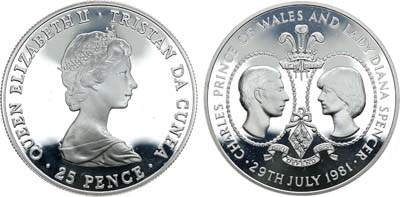 Лот №240,  Острова Святой Елены, Вознесения и Тристан-да-Кунья. 25 пенсов 1981 года. Свадьба Принца Чарльза и Леди Дианы.