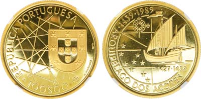 Лот №252,  Португалия. 100 эскудо 1989 года. Золотой век открытий - Открытие Азорских островов. В слабе NRG PF 68.