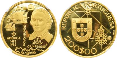 Лот №254,  Португалия. 200 эскудо 1992 года. Новый мир. Америка. В слабе NRG PF 67.