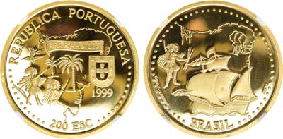 Лот №257,  Португалия. 200 эскудо 1999 года. Исследование Флориды. 500 лет открытию Бразилии. В слабе NRG PF 66.