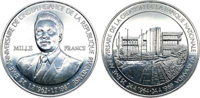 Лот №260,  Руанда. Республика. 1000 франков 1989 года. 25 лет Независимости и Национальному банку Руанды, президент Хабиаримана.