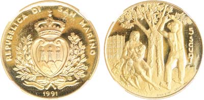 Лот №266,  Сан-Марино. 5 скудо 1991 года. Мир и свобода. В слабе NRG PF 65.