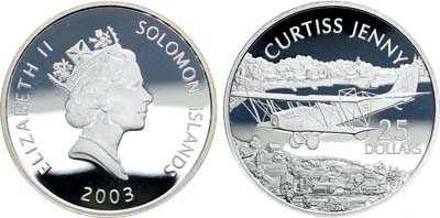 Лот №272,  Соломоновы Острова. Королева Елизавета II. 25 долларов 2003 года. Самолёты - Curtiss JN-4 Jenny.