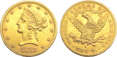 Лот №280,  США. 10 долларов 1887 года. Liberty.