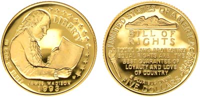 Лот №293,  США. 5 долларов 1993 года. Билль о правах, Джеймс Мэдисон.