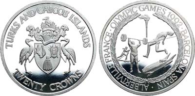 Лот №308,  Тёркс и Кайкос. Королева Елизавета II. 20 крон 1992 года.  Олимпийские игры Барселона 1992 и Альбервиль 1992 (лыжи, штанг, прыжки в высоту, бобслей).