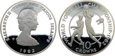 Лот №309,  Тёркс и Кайкос. Королева Елизавета II. 10 крон 1982 года. Чемпионат мира по футболу 1982 (два футболиста).