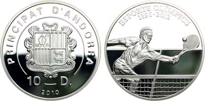 Лот №32,  Андорра. Княжество. 10 динеров 2010 года. Олимпиада 2012 года. Большой теннис.