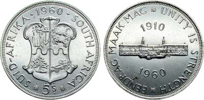 Лот №352,  ЮАР. 5 шиллингов 1960 года. 50 лет Южноафриканскому союзу.