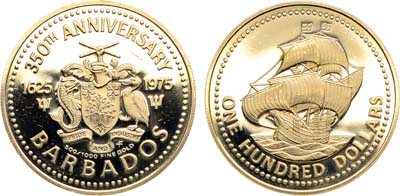 Лот №39,  Барбадос. 100 долларов 1975 года. 350 лет колонии Барбадос.