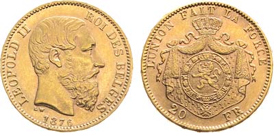 Лот №51,  Бельгия. Королевство. Король Леопольд II. 20 франков 1876 года.