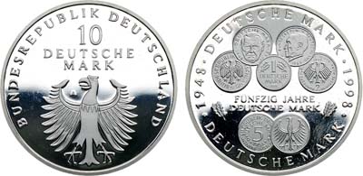 Лот №95,  Германия. Федеративная Республика. 10 марок 1998 года. 50 лет немецкой марке.