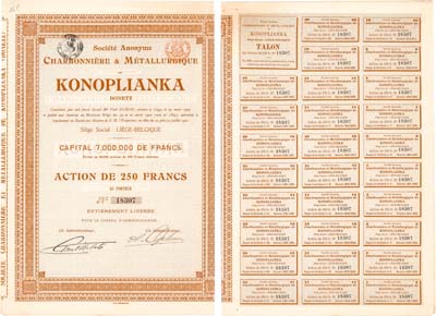 Лот №307,  Акционерное общество Угледобывающее и Металлургическое в Коноплянке. Акция в 250 франков 1900 года.