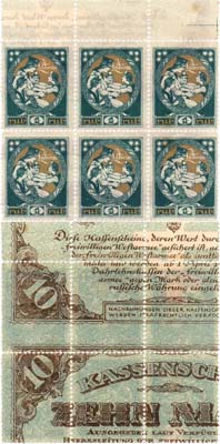 Лот №519,  Латвия. Блок из 6 почтовых марок 1920 года по 1 рублю. Вторичное использование на 10 марках Митавы 1919 года.