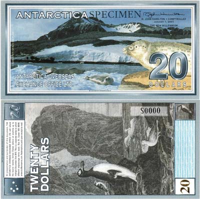 Лот №683,  Антарктида. Частный выпуск. Фантазийная банкнота. 20 Антарктических долларов 2001 года. Тюлени-крабоеды на льдине. Образец (SPECIMEN).