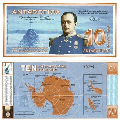 Лот №684,  Антарктида. Частный выпуск. Фантазийная банкнота. 10 Антарктических долларов 1996 года. Капитан Роберт Фолкон Скотт.