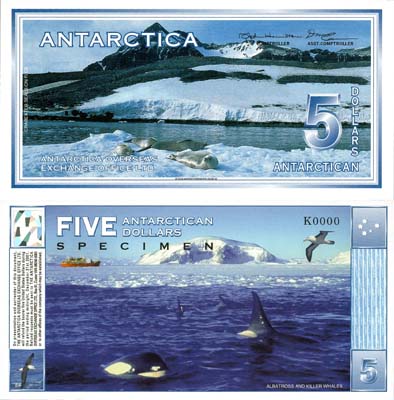 Лот №685,  Антарктида. Частный выпуск. Фантазийная банкнота. 5 Антарктических долларов 1996 года. Тюлени-крабоеды на льдине.  Образец (SPECIMEN).