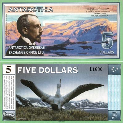 Лот №686,  Антарктида. Частный выпуск. Фантазийная банкнота. 5 Антарктических долларов 2001 года. Роальд Энгельбрегт Амундсен.