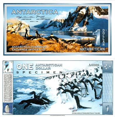 Лот №689,  Антарктида. Частный выпуск. Фантазийная банкнота. 1 Антарктический доллар 1996 года. Остров Петерманн Образец (SPECIMEN).