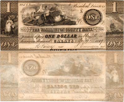 Лот №722,  США. Региональный городской частный выпуск. Эмиссия Вашингтонского земельного банка. Штат Мэн. 1 доллар 1834 года.