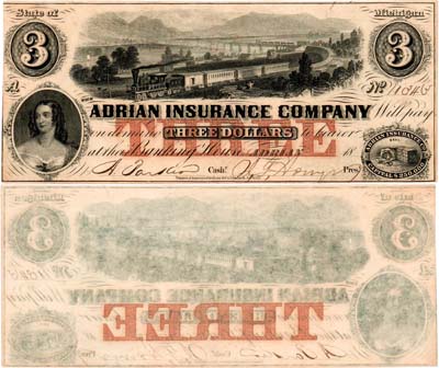 Лот №724,  США. Adrian Insurance Company. Штат Мичиган. 3 доллара 18XX (1853-1855) года.