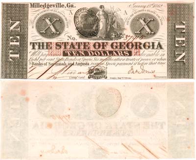 Лот №727,  Конфедеративные штаты Америки. Штат Джорджия. Milledgeville, Ga. 10 долларов 1862 года.
