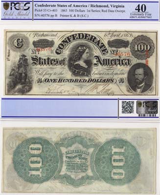 Лот №728,  Конфедеративные Штаты Америки. Ричмонд, Вирджиния. 100 долларов 1863 года. В слабе PCGS 40 Extremely Fine.