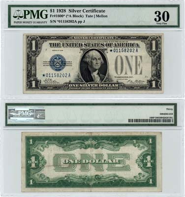 Лот №736,  США. 1 доллар 1928 года. Серебряный сертификат. В слабе PMG 30 Very Fine.