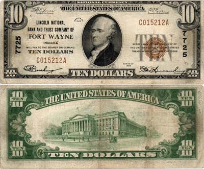 Лот №737,  США. Lincoln National Bank and Trust Company of Fort Wayne. Штат Индиана. 10 долларов 1929 года.