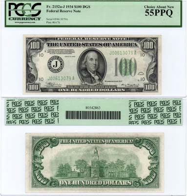 Лот №738,  США. 100 долларов 1934 года. В слабе PCGS 55 PPQ Choice About New.