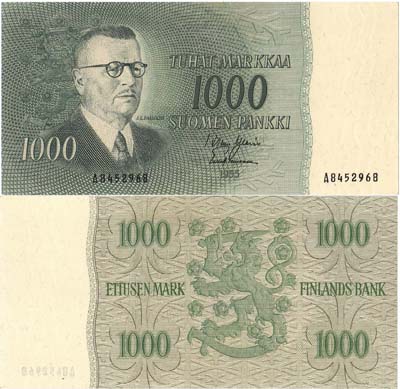 Лот №750,  Финляндия. 1000 марок 1955 года. Юхо Паасикиви.