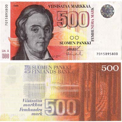 Лот №753,  Финляндия. 500 марок 1986 (1991) года. Элиас Лённрот. Литера А.