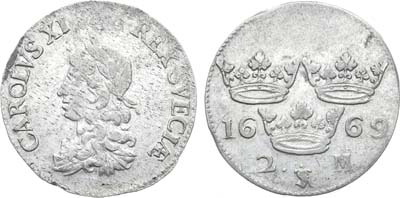 Лот №53,  Швеция. Король Карл XI. 2 марки 1669 года..