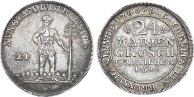 Лот №55,  Герцогство Брауншвейг-Люнебург. Герцог Карл I. 24 мариенгроша 1766 года..