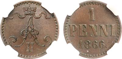 Лот №1449, 1 пенни 1866 года. В слабе NRG MS 62 BN.