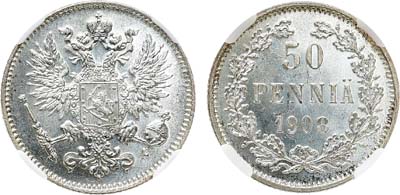 Лот №1620, 50 пенни 1908 года. L. В слабе ННР MS 65.