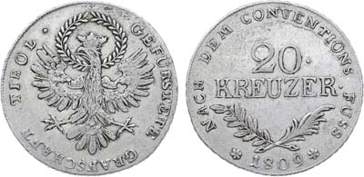 Лот №162,  Австрия. Тирольское восстание. Андреас Гофер. 20 крейцеров 1809 года.