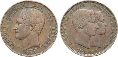 Лот №184,  Бельгия. Королевство. Король Леопольд I. 10 сантимов 1853 года. Свадьба Леопольда и Марии Генриетте.