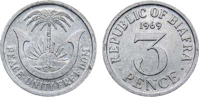 Лот №187,  Биафра. Республика. 3 пенса 1969 года.