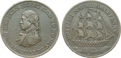 Лот №203,  Великобритания. Король Георг III. Токен. 1/2 пенни 1812 года. Адмирал Нельсон.