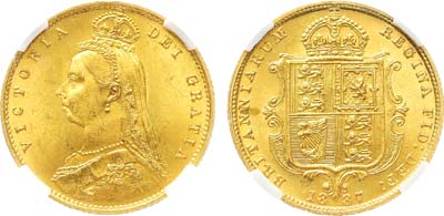 Лот №210,  Великобритания. Королева Виктория. 1/2 соверена 1887 года. В слабе NRG MS 64.