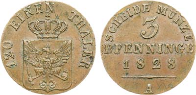 Лот №256,  Германия. Королевство Пруссия. Король Фридрих Вильгельм III. 3 пфеннинга 1828 года.