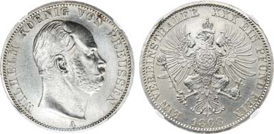 Лот №270,  Германия. Королевство Пруссия. Король Вильгельм I. Талер 1868 года. В слабе NRG UNC (оценка сохранности на слабе - MS 63).